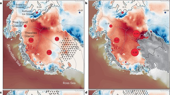 Der Westantarktische Eisschild im Jahr 3000 bei verschiedenen Szenarien, die in der Schweizer Studie, modelliert wurden. Die Zahlen in den roten Kreisen geben an, welchen Beitrag zum Anstieg der Meeresspiegel (in Metern) die jeweilige Eisschildregion leisten würde.