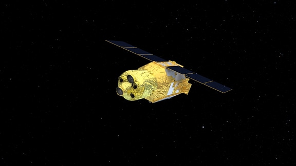 Die Grafik zeigt den mit goldener Folie umhüllten Satelliten, der die Form einer großen Tonne hat und zwei Flügel aus Solarmodulen besitzt.