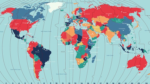 Weltkarte mit der Darstellung der verschiedenen Zeitzonen